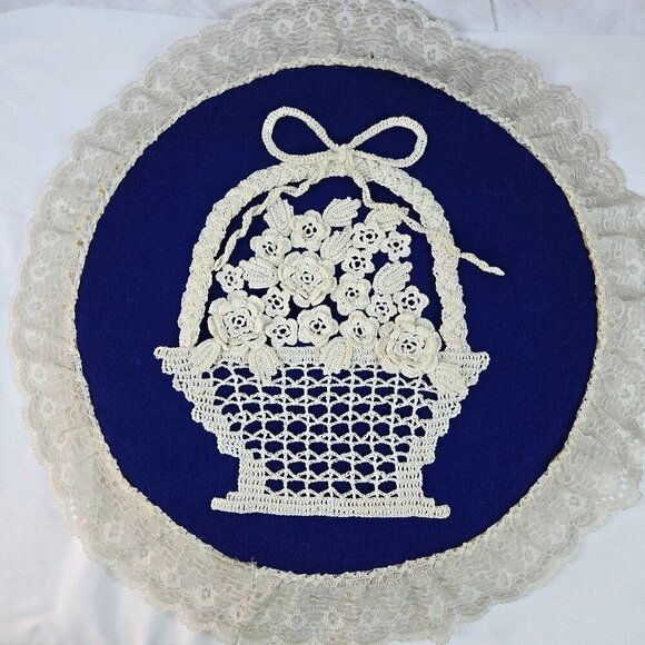 VIntage Handmade Wall Art by Cel Smith Lace Doily Basket with Flowers Lace Edge - Picture 1 of 11